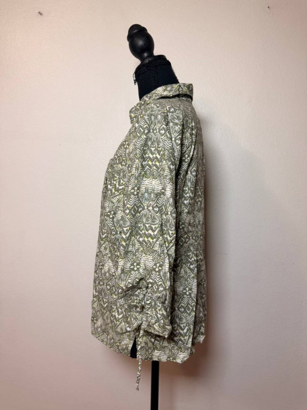 Erika Olive Green Boho Geometric Print Button Up Blouse Earthy Safari Style PL - Picture 4 of 7